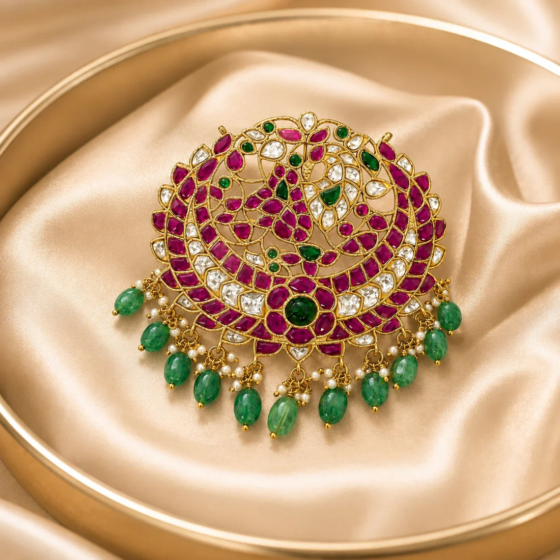 FeelOri Manga Chandbali Jadau Kundan peacock pendant displayed on ivory satin