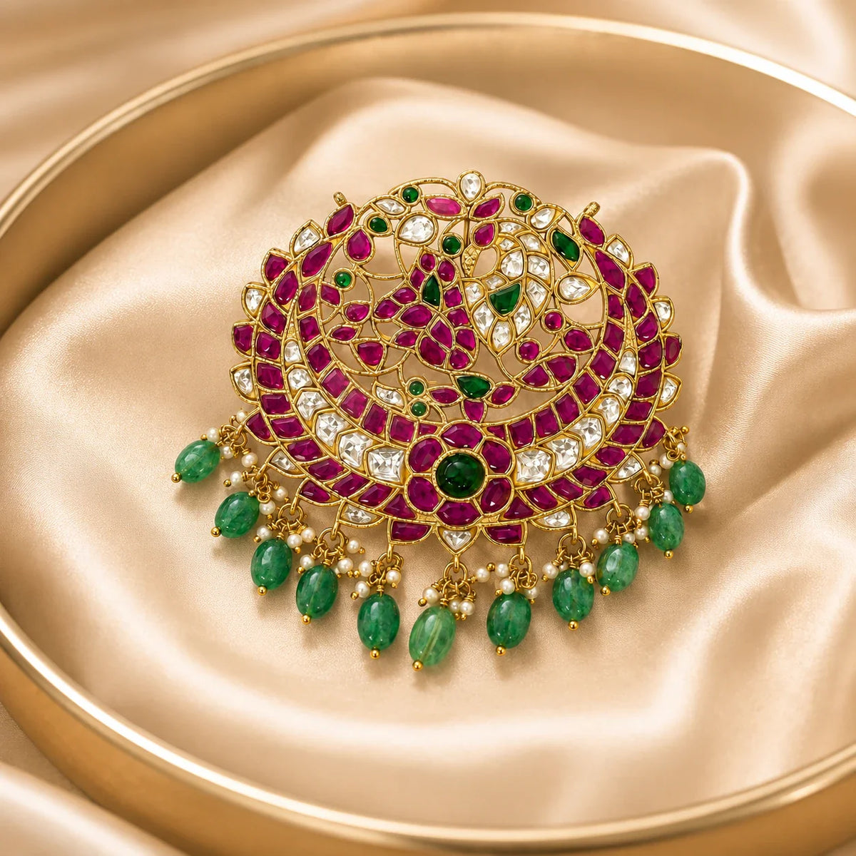 FeelOri Manga Chandbali Jadau Kundan peacock pendant displayed on ivory satin