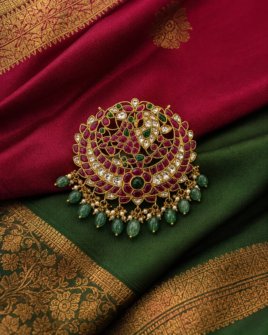 Manga Chandbali Jadau Kundan peacock pendant styled on maroon and green silk fabric
