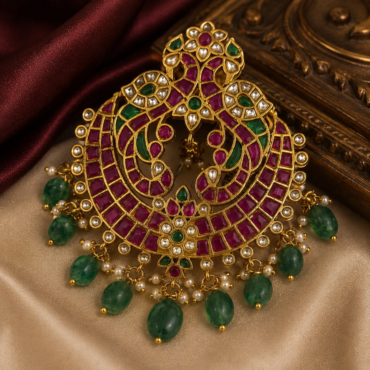 FeelOri jadau kundan pendant styled with saree fabric for Indian occasion wear