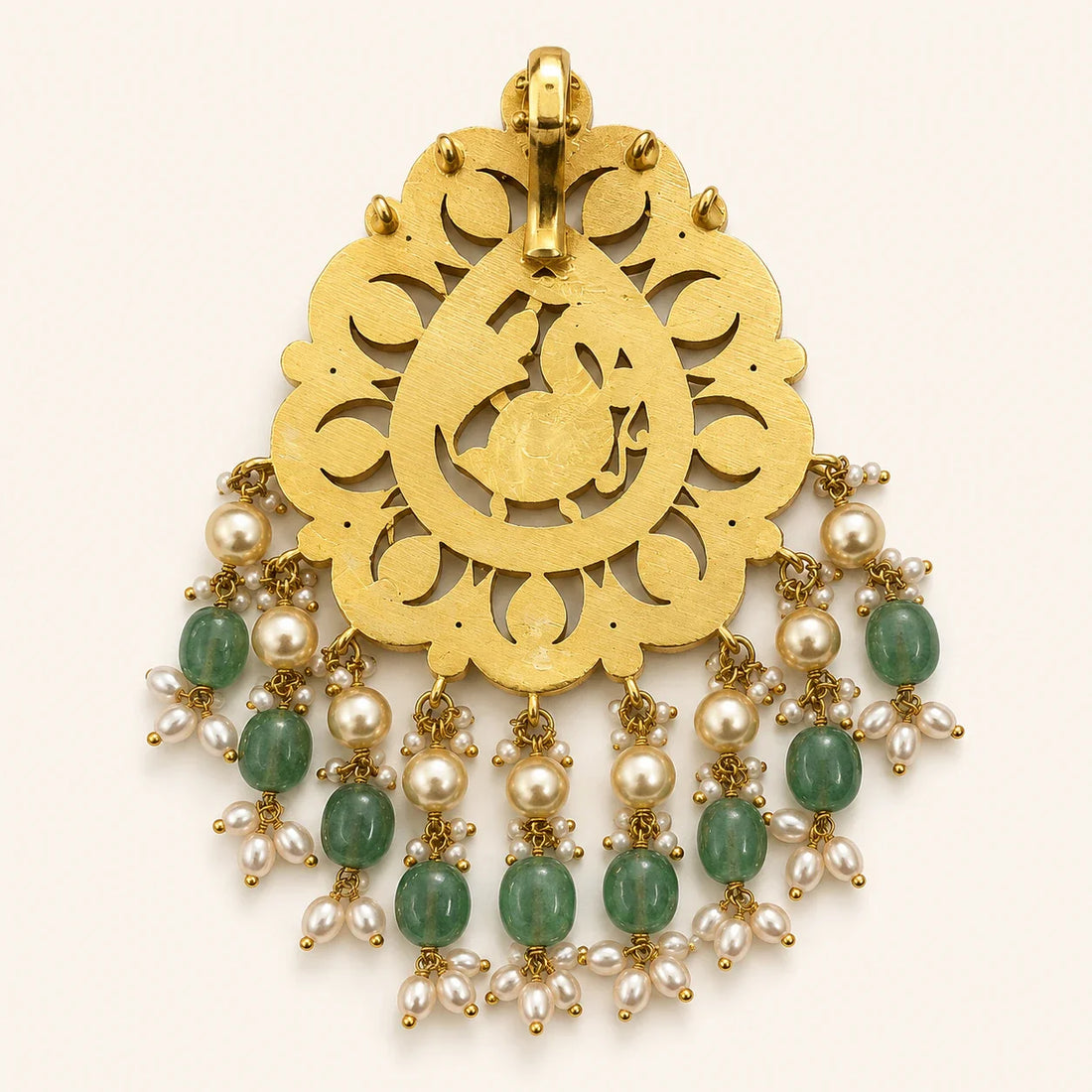 Back view of the FeelOri Mayur Mandala Jadau Kundan peacock pendant showing the bail and openwork construction