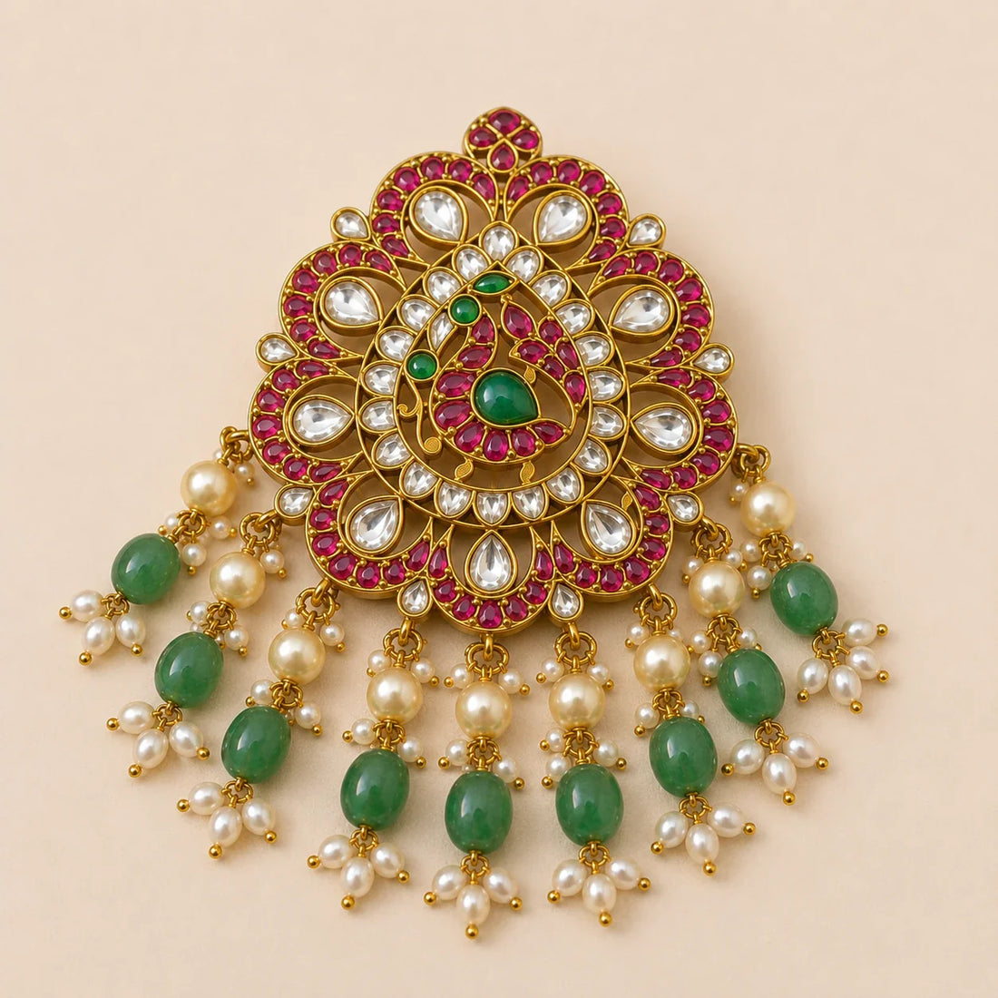 Close view of the Mayur Mandala Jadau Kundan pendant showing its coiled peacock and floral halo