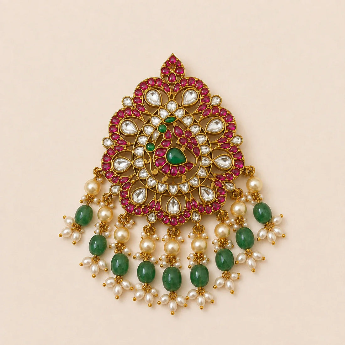 Front view of FeelOri Mayur Mandala Jadau Kundan peacock pendant with ruby-coloured, white and green stone details