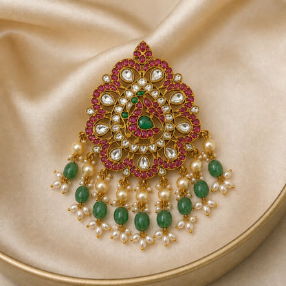 FeelOri Mayur Mandala Jadau Kundan peacock pendant displayed on ivory satin with green bead and pearl-look drops