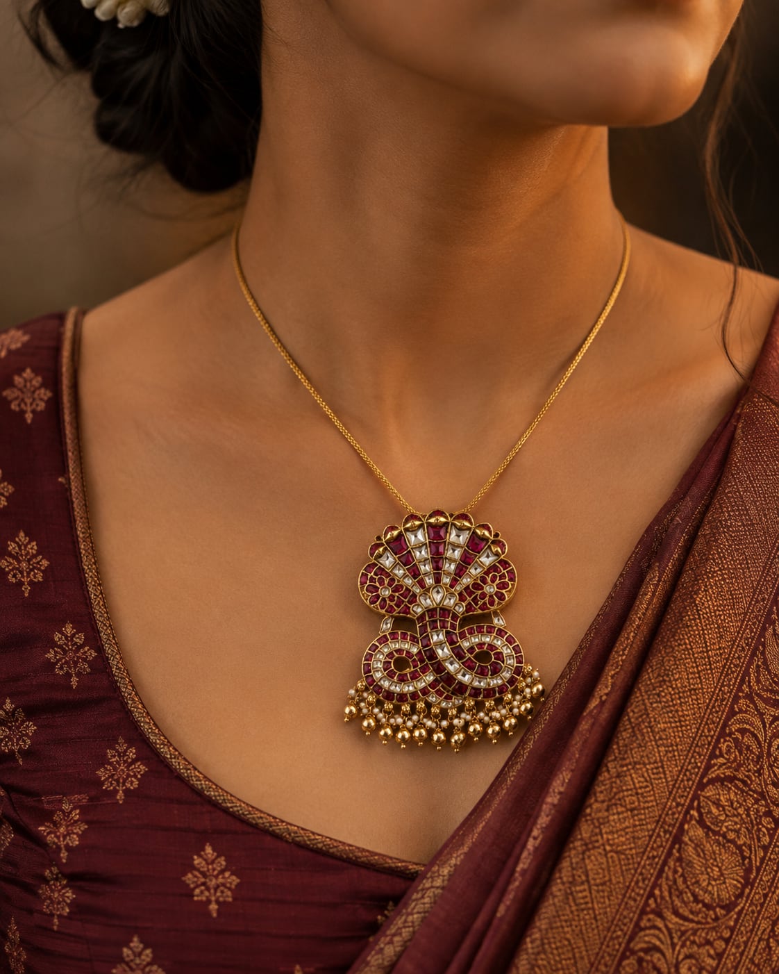 FeelOri jadau kundan pendant styled with Indian occasion wear