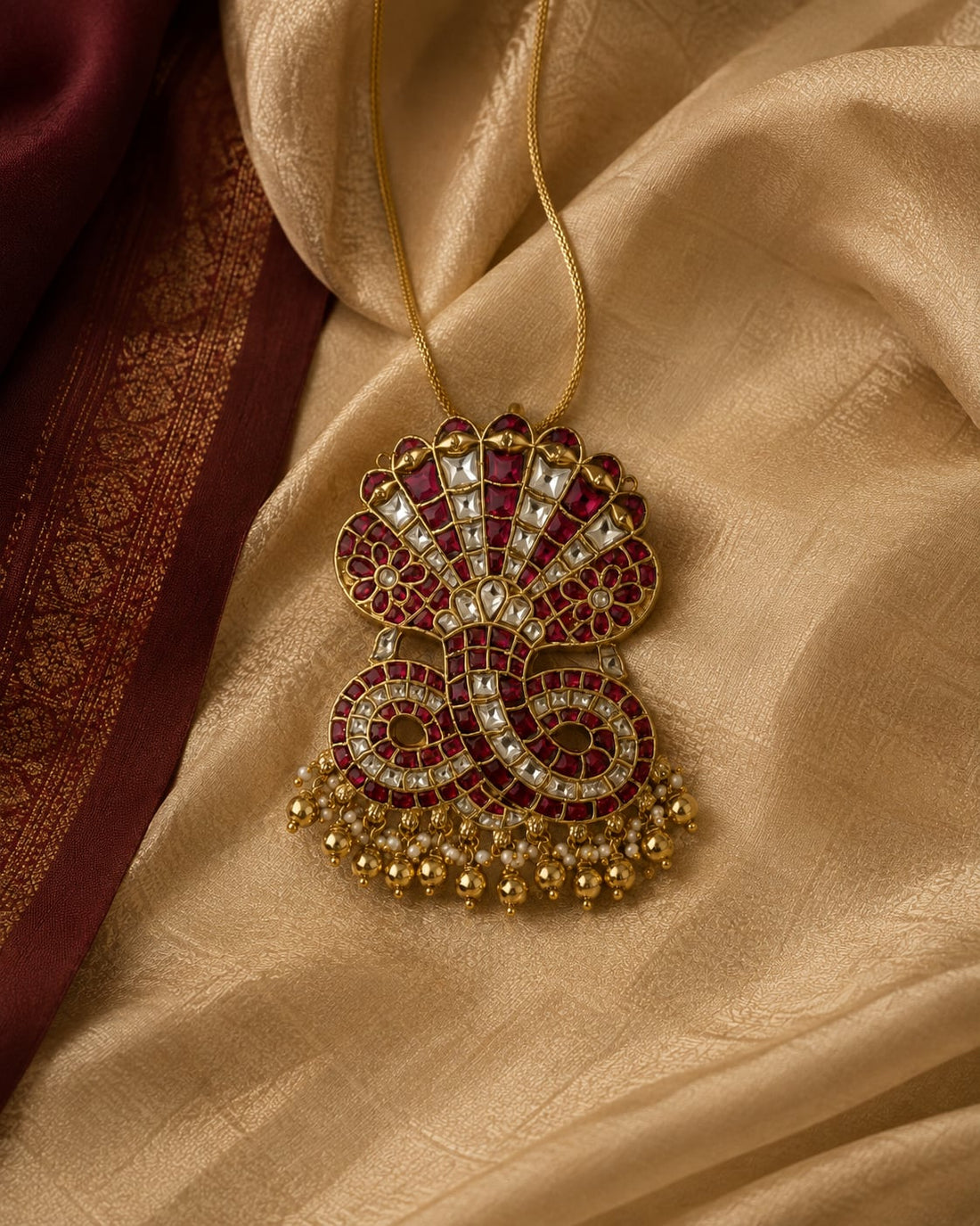 FeelOri jadau kundan pendant styled with saree fabric for Indian occasion wear