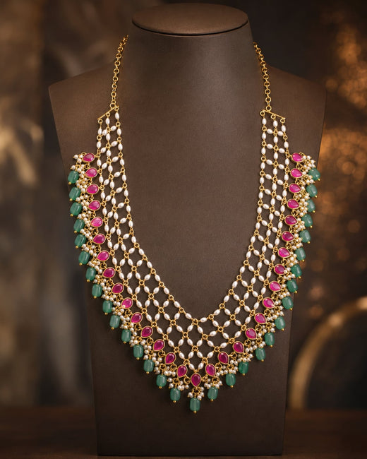 FeelOri net panel green drop jadau kundan necklace set with matching earrings for pattu saree styling