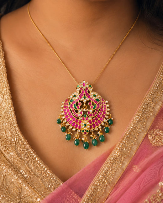 FeelOri jadau kundan Mayur Chandrika Twin Peacock Crescent Pendant - wearing-scale view