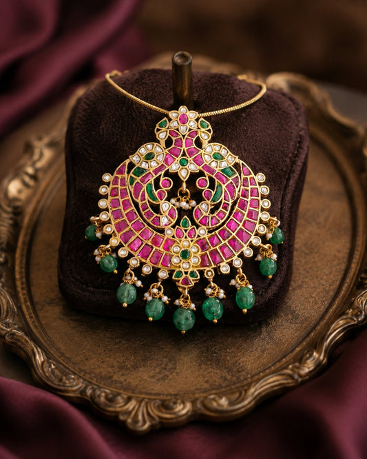 FeelOri jadau kundan Mayur Chandrika Twin Peacock Crescent Pendant - main product view
