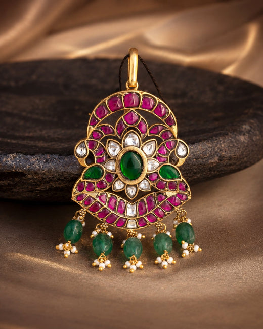 FeelOri jadau kundan Iruttai Mayil Padmam Twin Peacock Lotus Pendant - main product view