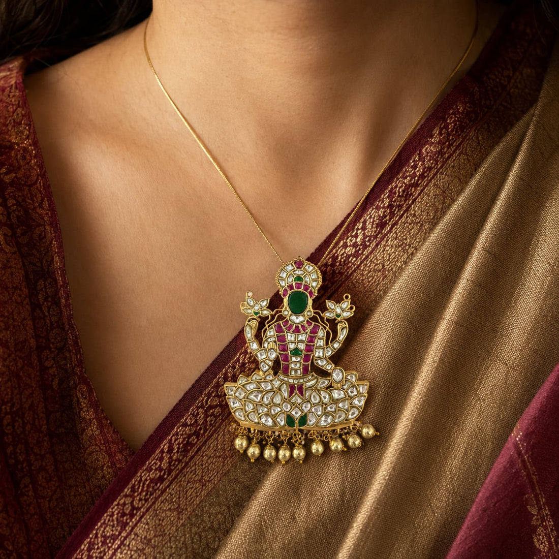 FeelOri jadau kundan pendant styled with saree fabric for Indian occasion wear