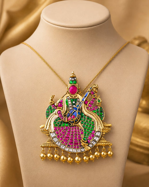 FeelOri jadau kundan Saraswati Veena Temple Pendant - saree styling view