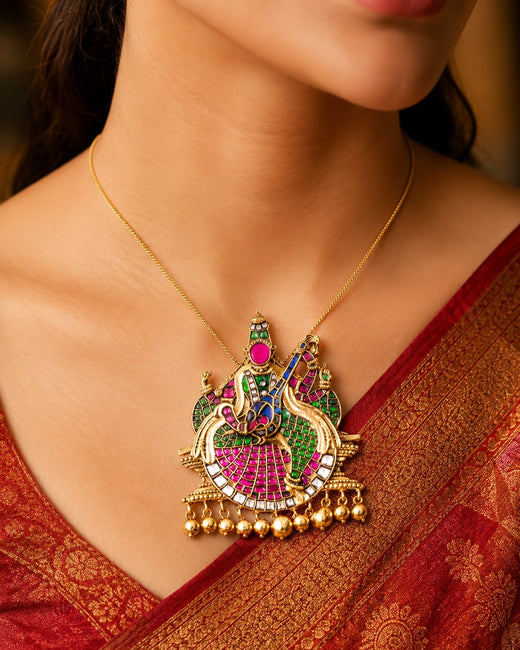 FeelOri jadau kundan Saraswati Veena Temple Pendant - wearing-scale view
