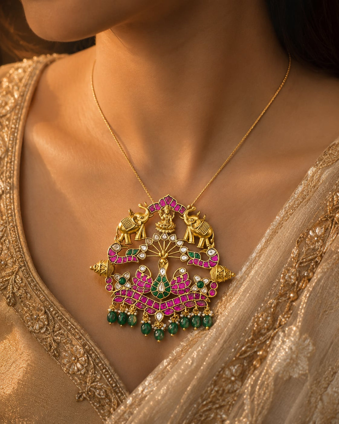 FeelOri peacock pair temple-style pendant listed as pendant only on jewellery display