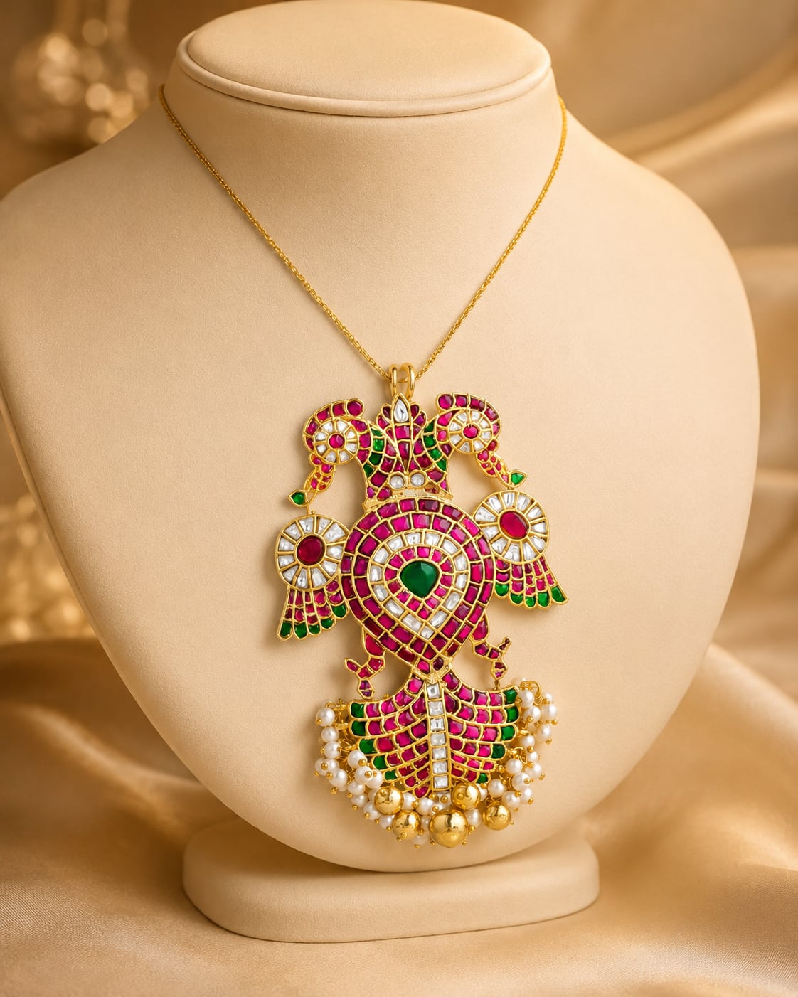 FeelOri peacock veena motif temple-style pendant set listed as pendant set close-up of decorative stones and motif detail