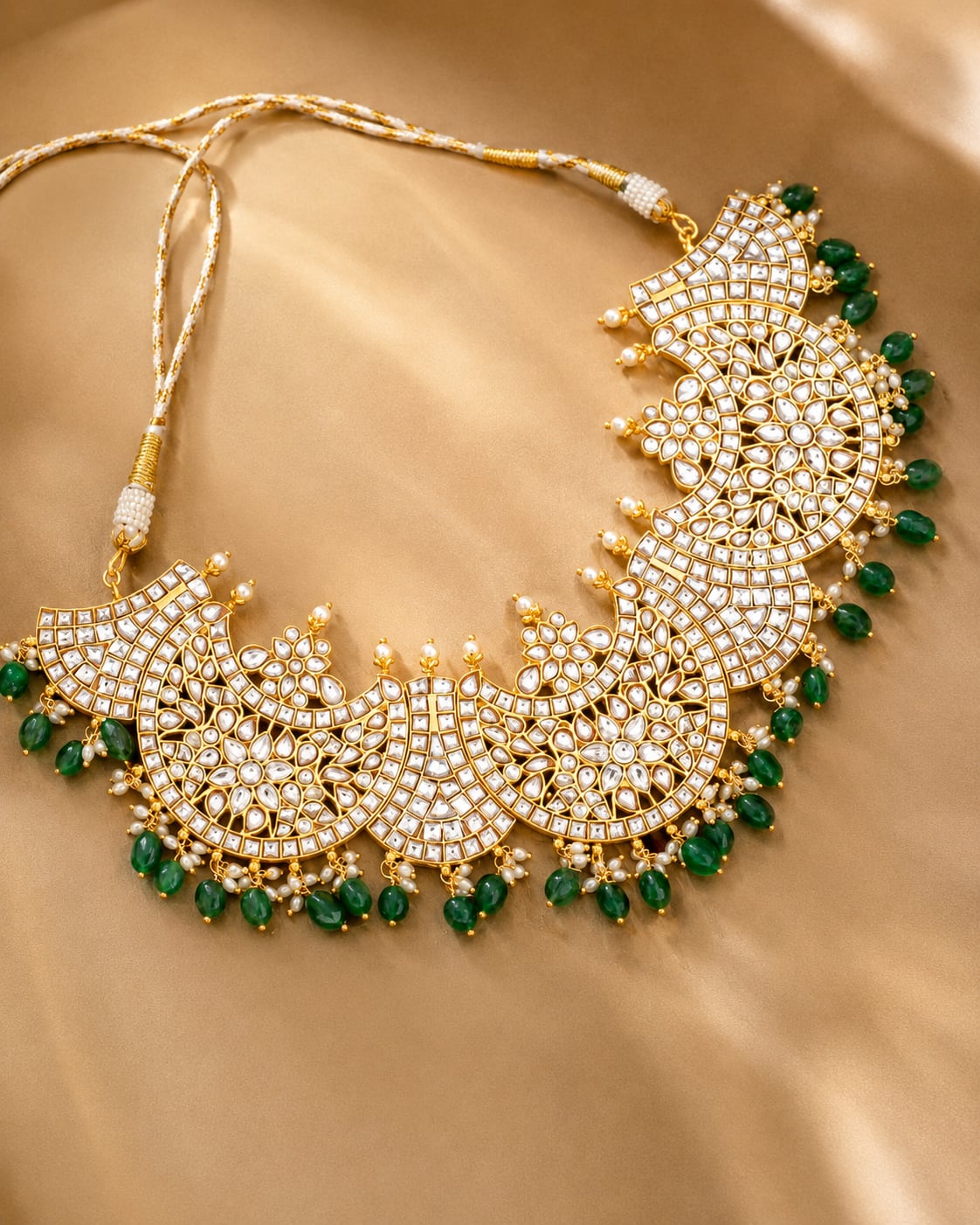 FeelOri pearl cluster crescent jadau kundan necklace close-up of kundan stones and jadau work