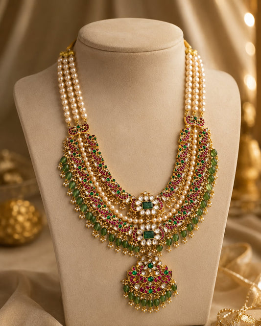 FeelOri pearl-detail jadau kundan long haram necklace for pattu saree styling