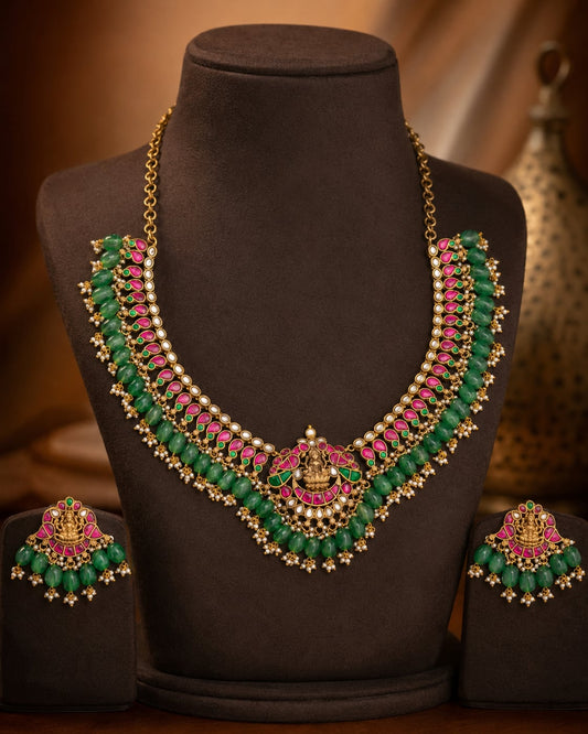 FeelOri pearl-detail jadau kundan necklace set with matching earrings for pattu saree styling