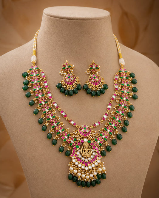 FeelOri pearl drop floral jadau kundan necklace set with matching earrings for pattu saree styling