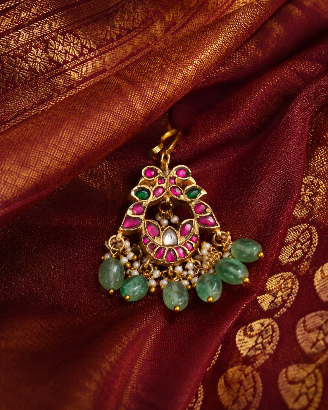 FeelOri pearl drop round jadau kundan maang tikka listed as maang tikka only close-up of kundan stones and jadau work