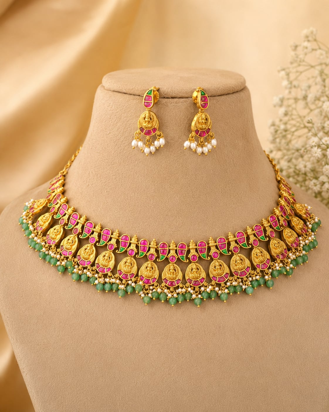 FeelOri pearl edge floral jadau kundan necklace set with matching earrings for Indian festive necklace styling