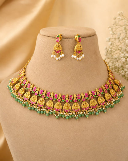 FeelOri pearl edge floral jadau kundan necklace set with matching earrings for Indian festive necklace styling