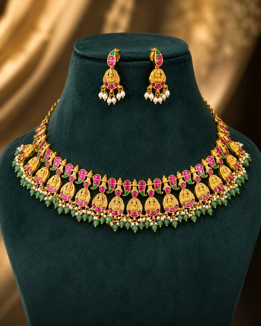 FeelOri pearl edge floral jadau kundan necklace set with matching earrings for pattu saree styling
