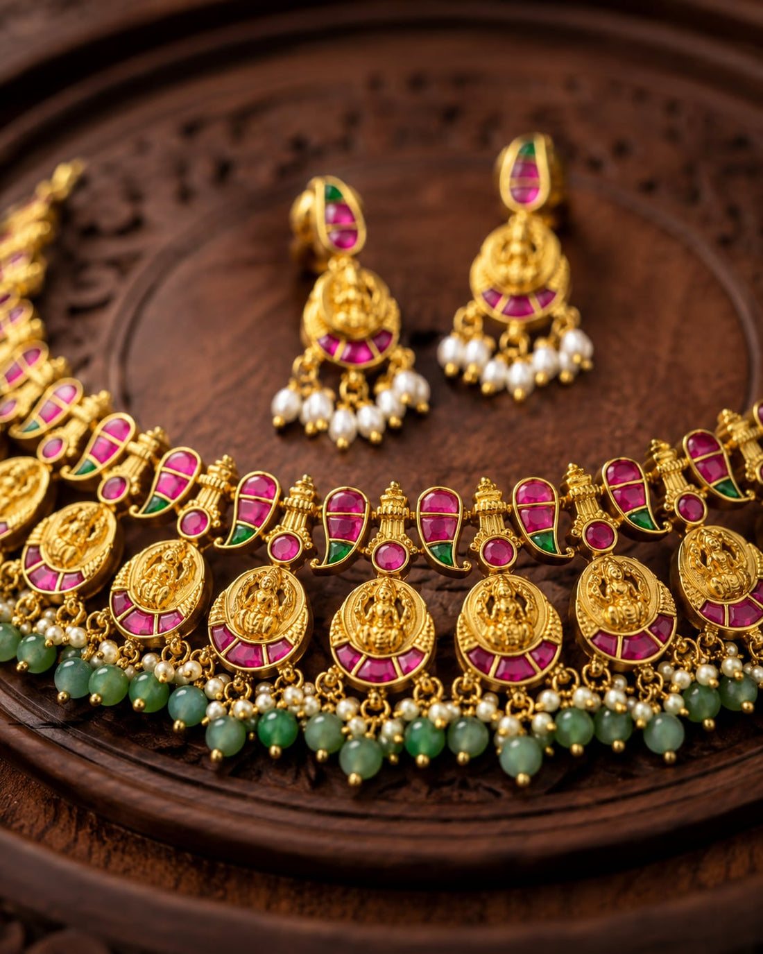 FeelOri pearl edge floral jadau kundan necklace set with matching earrings styled with saree fabric