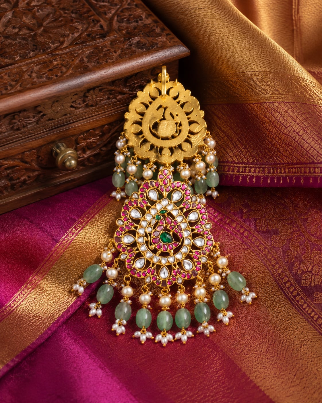FeelOri pearl floral drop jadau kundan pendant included as pendant only close-up of kundan stones and jadau work