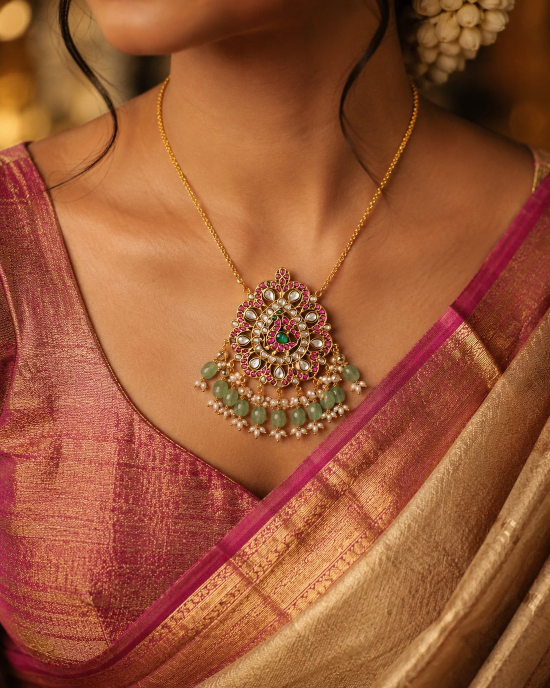 FeelOri pearl floral drop jadau kundan pendant included as pendant only on jewellery display