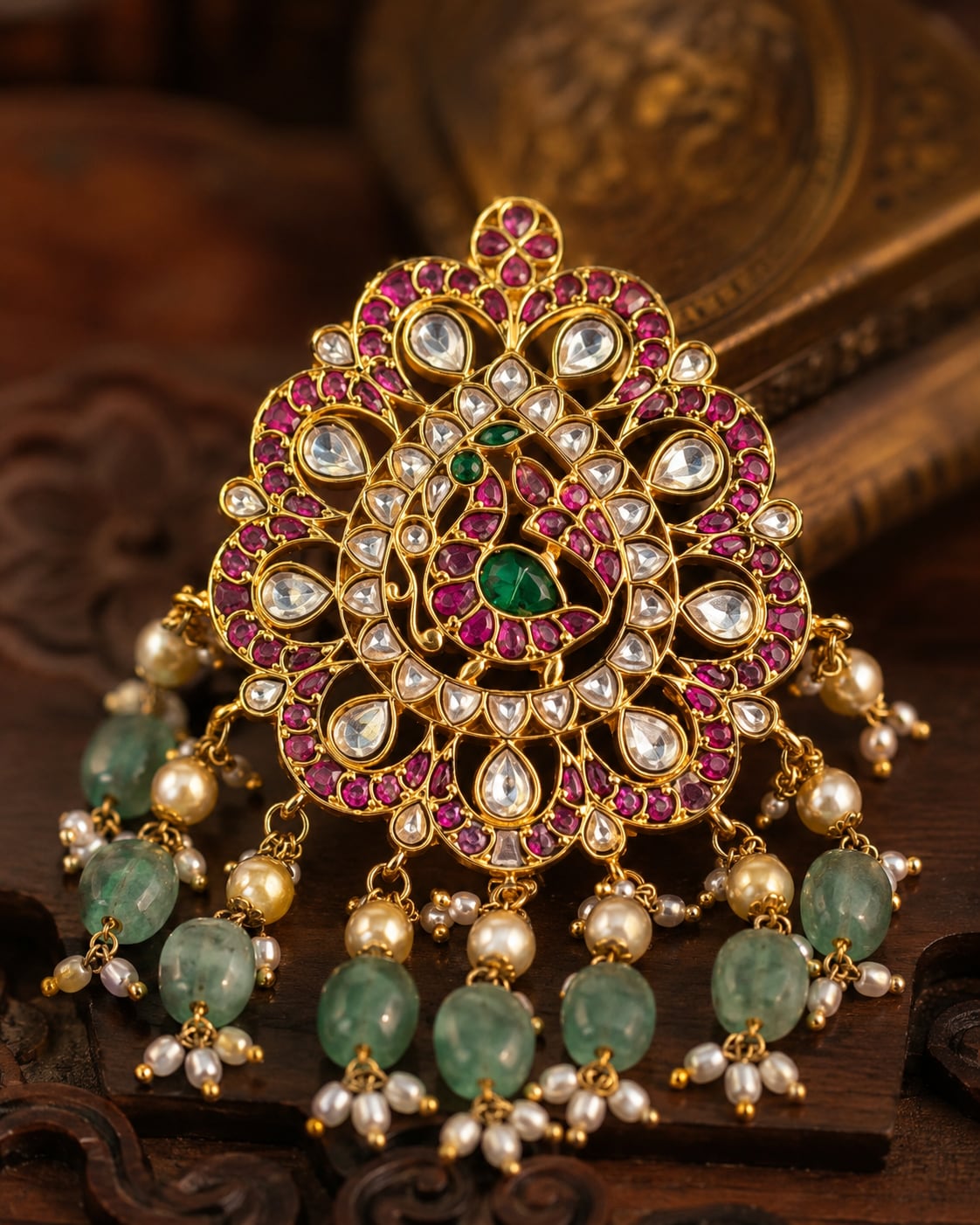 FeelOri pearl floral drop jadau kundan pendant included as pendant only styled with saree fabric