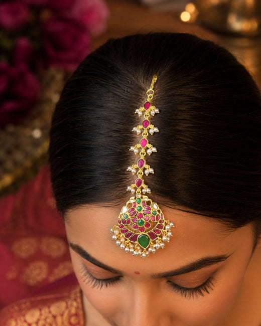 FeelOri pearl linear floral jadau kundan maang tikka listed as maang tikka only on jewellery display