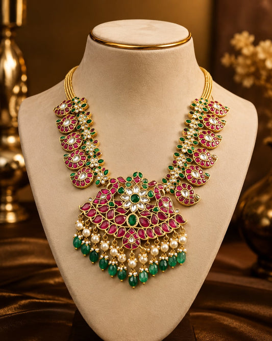 FeelOri pearl-look bead jadau kundan necklace for pattu saree styling