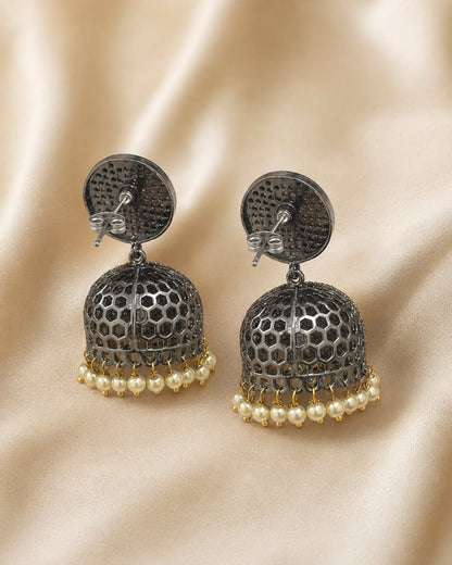 FeelOri pearl-look jhumka earrings rear view showing openwork reverse, straight posts, and push-back closures