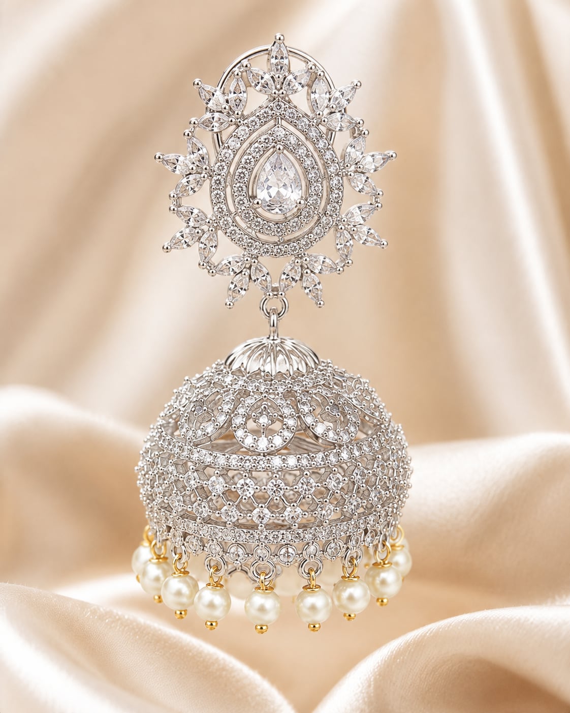 FeelOri Oval Halo Silver Rhodium CZ Jhumka Earrings with Pearl Look Drops - construction detail