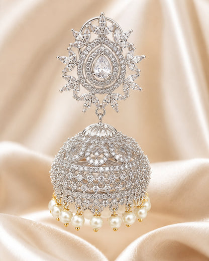 FeelOri Oval Halo Silver Rhodium CZ Jhumka Earrings with Pearl Look Drops - construction detail
