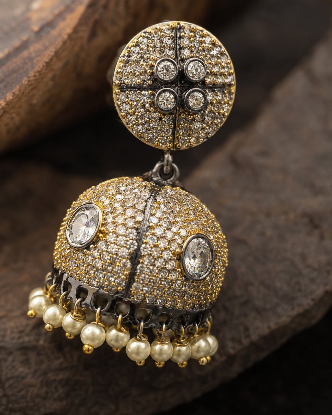 FeelOri pearl-look jhumka earrings stone setting, ear-chain or earring construction, and gold-polished finish detail