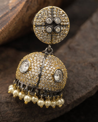 FeelOri pearl-look jhumka earrings stone setting, ear-chain or earring construction, and gold-polished finish detail