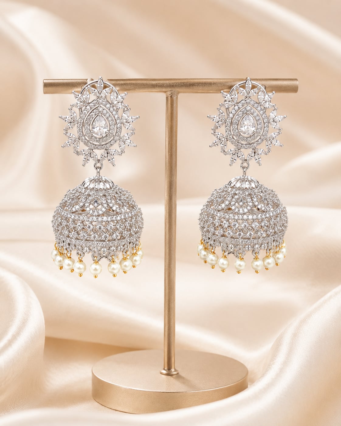 FeelOri Oval Halo Silver Rhodium CZ Jhumka Earrings with Pearl Look Drops - display view
