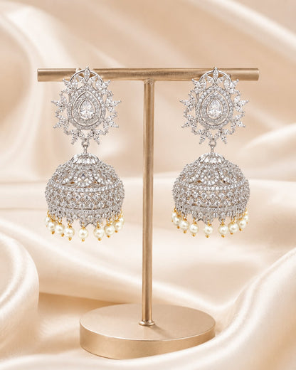 FeelOri Oval Halo Silver Rhodium CZ Jhumka Earrings with Pearl Look Drops - display view