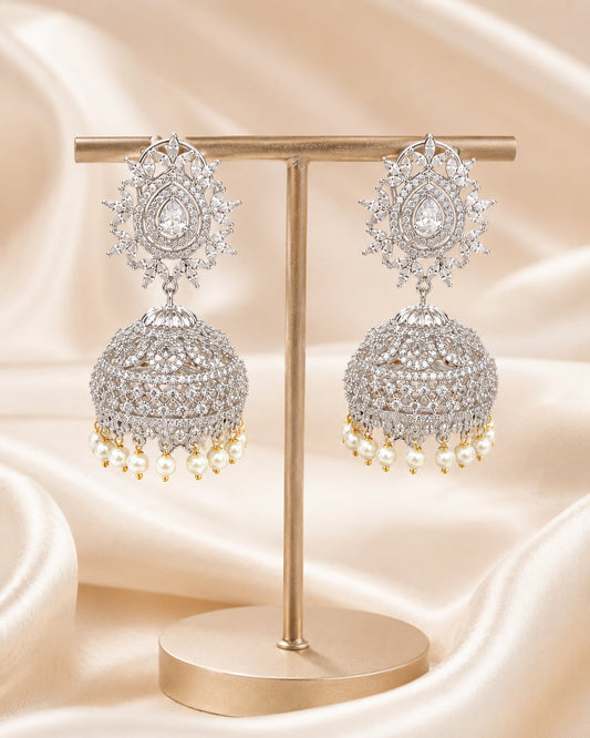 FeelOri Oval Halo Silver Rhodium CZ Jhumka Earrings with Pearl Look Drops - display view