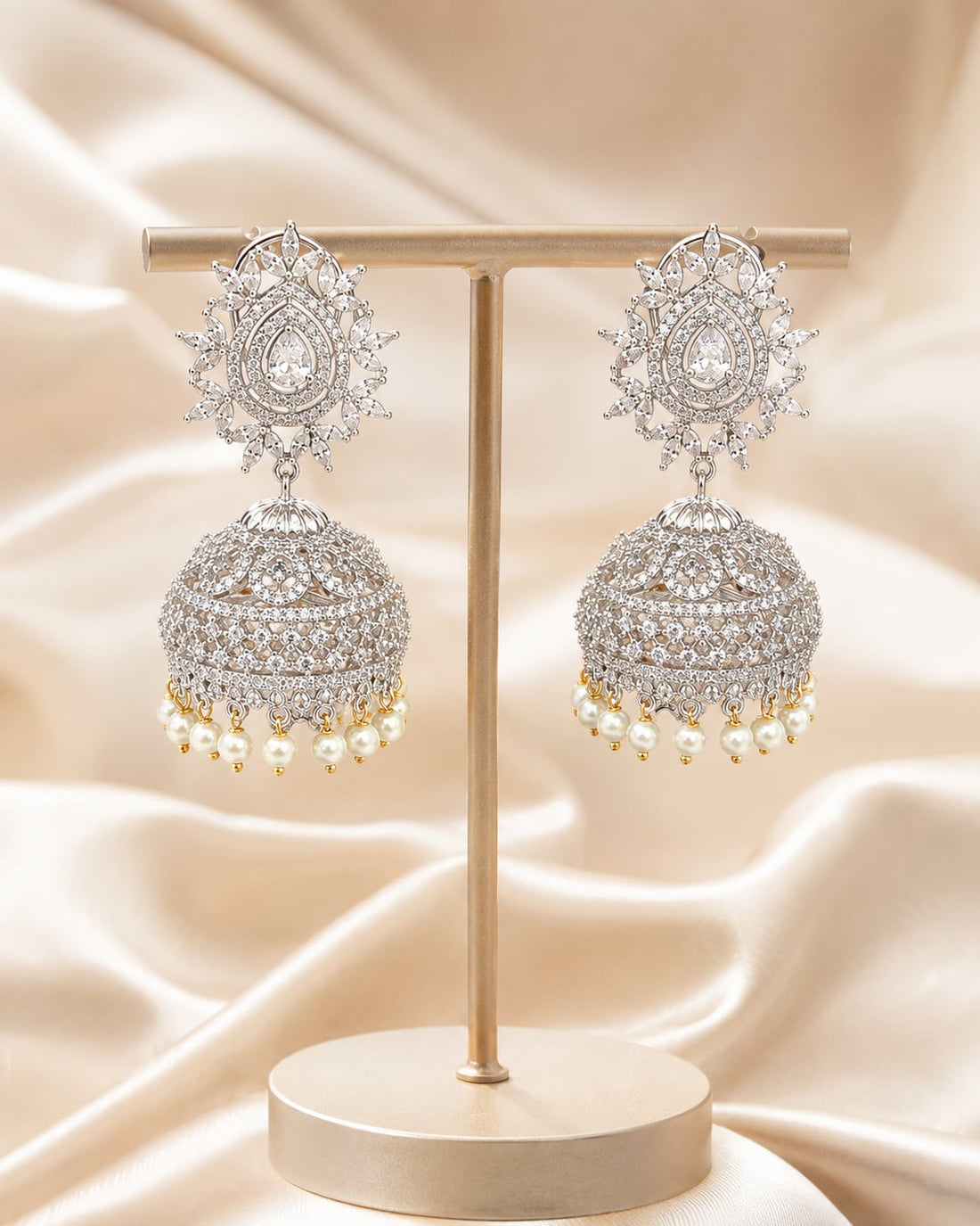FeelOri Oval Halo Silver Rhodium CZ Jhumka Earrings with Pearl Look Drops - main catalogue view