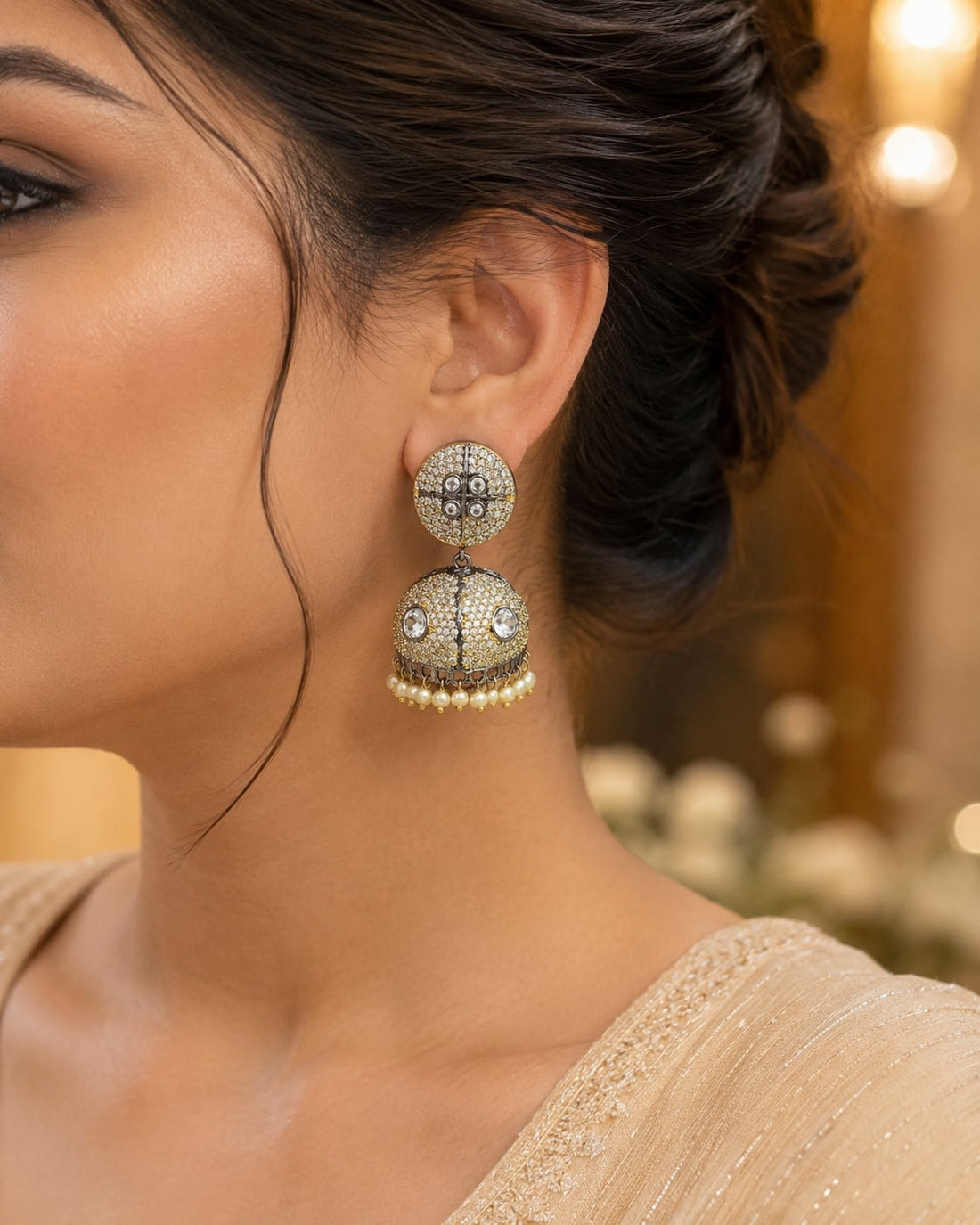 FeelOri pearl-look jhumka earrings styled with Indian occasion wear