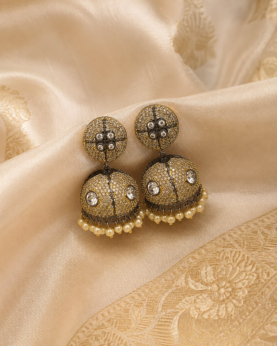 FeelOri pearl-look jhumka earrings styled with saree fabric for Indian occasion wear