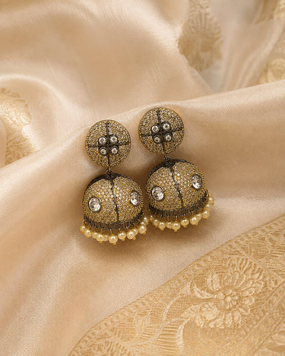 FeelOri pearl-look jhumka earrings styled with saree fabric for Indian occasion wear