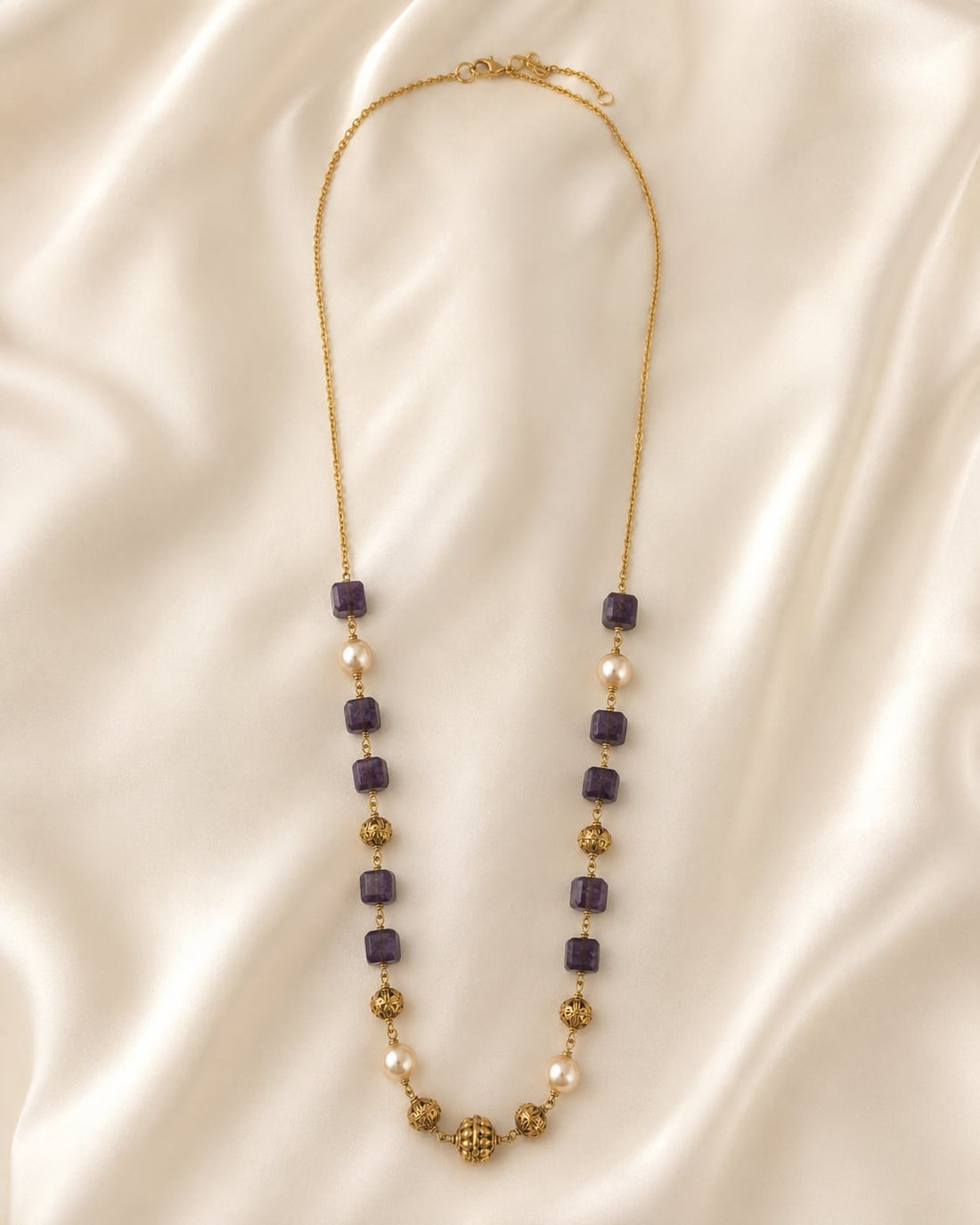 FeelOri Deep Plum Cube Bead and Pearl-Look Necklace complete 18-inch single-strand view