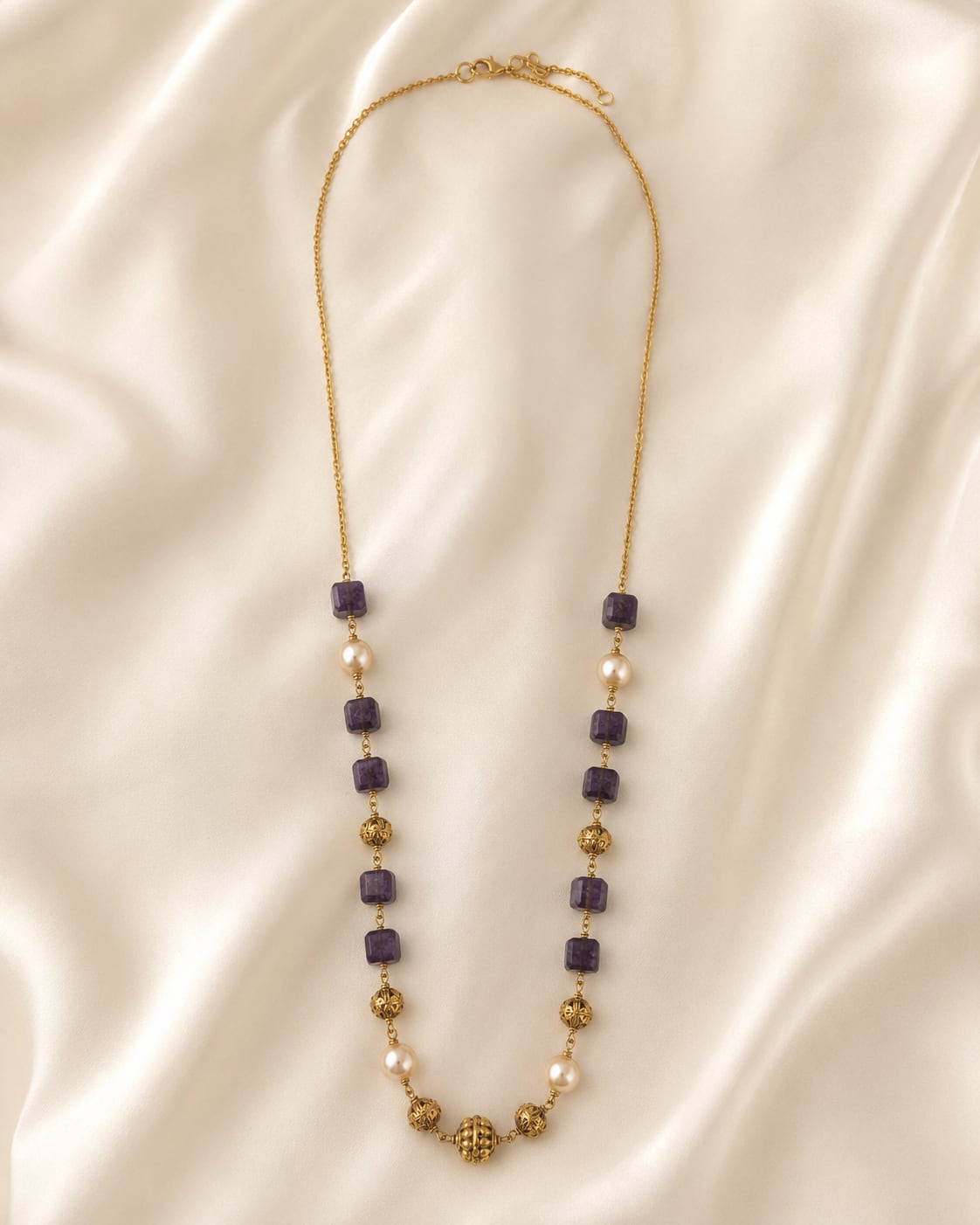 FeelOri Deep Plum Cube Bead and Pearl-Look Necklace complete 18-inch single-strand view