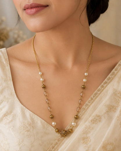 FeelOri Peach Faceted Bead and Pearl-Look Necklace worn at the neckline