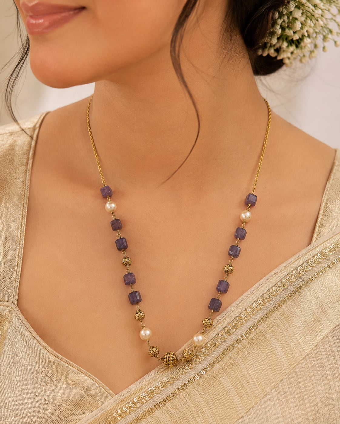 FeelOri Deep Plum Cube Bead and Pearl-Look Necklace worn at the neckline
