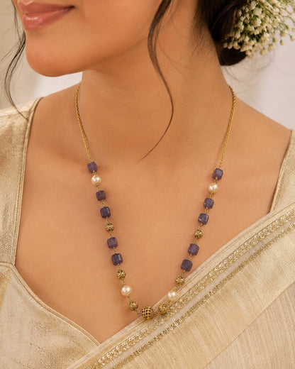 FeelOri Deep Plum Cube Bead and Pearl-Look Necklace worn at the neckline